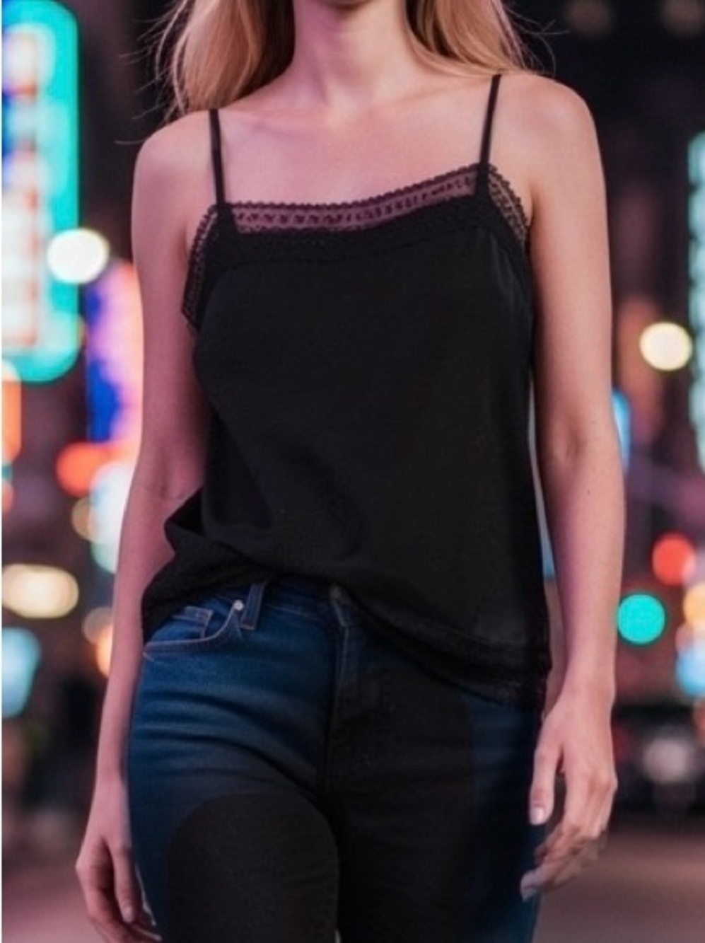 NWT Abercrombie & Fitch Black silky Lace-Trim Camisole-Top y2K vibe Small
